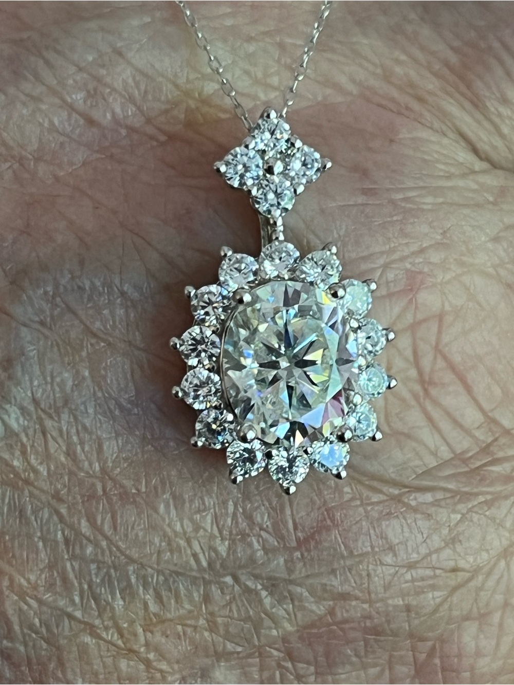 Sterling 925 Silver Moissanite Halo Pendant Necklace 16” 6ct center! BRILLIANT!!
